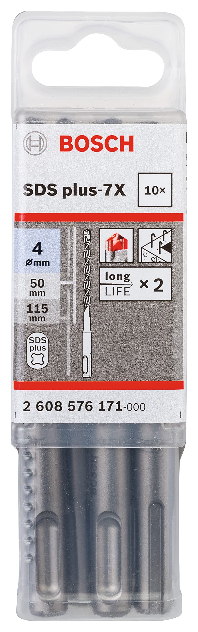 Bosch Professional 10tlg. Hammerbohrer SDS Plus-7X (für Beton und Mauerwerk, 4 x 50 x 115 mm, Zubehör Bohrhammer)