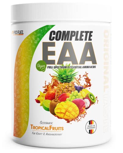 EAA Pulver 500g TROPICAL FRUITS - 12.500mg essentielle Aminosäuren, unglaublich lecker & erfrischend - COMPLETE EAA mit allen 9 EAAs inkl. Histidin - EAA vegan Aminosäuren Pulver - Amino Workout Drink