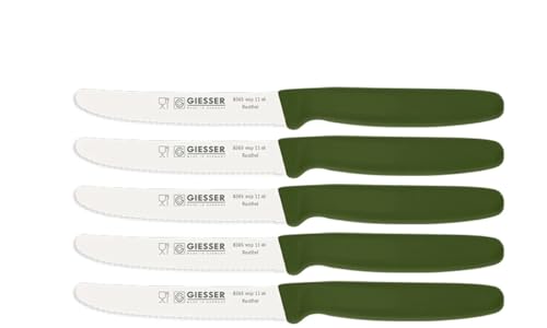 Giesser Messer Tomatenmesser Brötchenmesser Tafelmesser 11cm mit Wellenschliff 3mm - 5er Set (Olive)