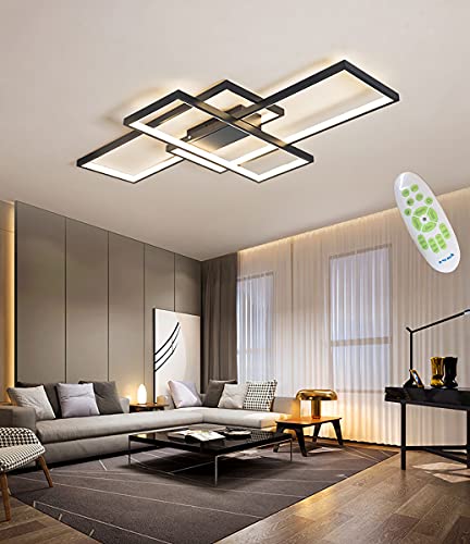 MQW Moderne LED Deckenleuchte Dimmbar Deckenlampe Wohnzimmerlampe mit Fernbedienung 80W Geometrisch Wandlampe Multifunktional Deckenbeleuchtung Schlafzimmer Studie Wohnzimmer Leuchter, Schwarz,90cm
