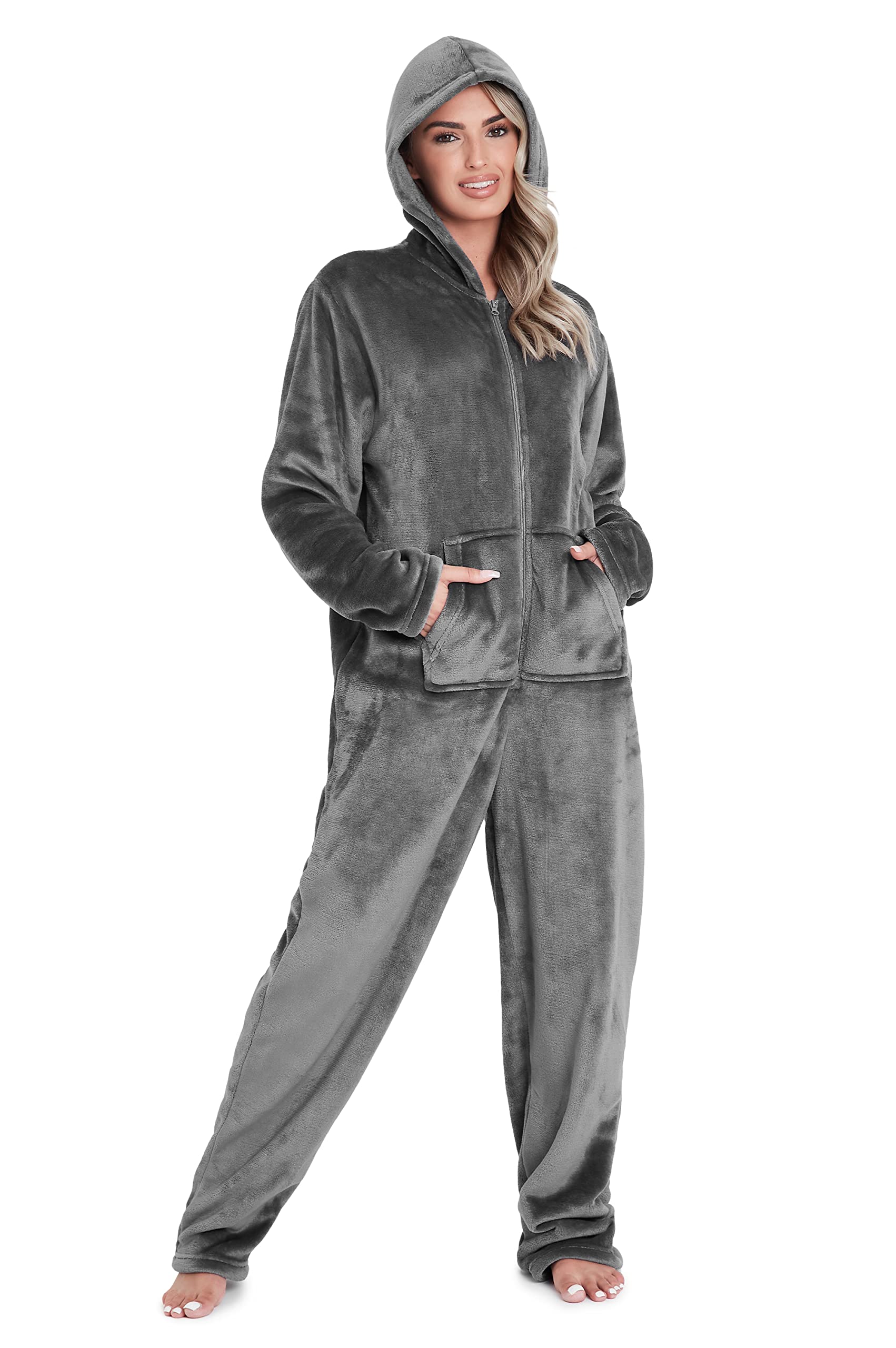 CityComfort Jumpsuit Damen Kuschelig Fleece Einteiler Schlafanzug Onesie Damen S-XL (Anthrazit, M)