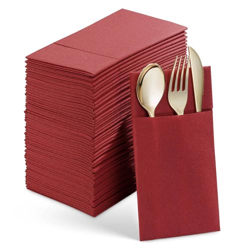 DINESA 50 Stück Einweg-Dinnerservietten mit Integrierter Bestecktasche, Vorgefaltete Stoffähnliche Papierservietten für Hochzeitsfeiern, Rot, Ca. 40 X 40 cm