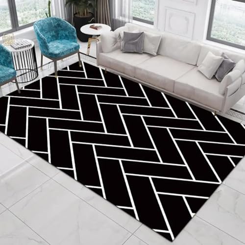 18meng Art Wohnzimmer Teppich schwarz weiß Retro Gitter Streifen Waschbarer Teppich - Baumwolle Kurzflor Extra Weich Pflegeleicht - für Badezimmer Schlafzimmer Küche Eingangsbereich 140x200cm