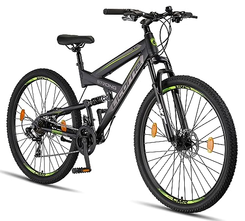 Licorne Bike Strong 2D Premium Mountainbike in 29 Zoll - Fahrrad für Jungen, Mädchen, Damen und Herren - Scheibenbremse vorne und hinten - 21 Gang-Schaltung - Vollfederung (Schwarz/Lime, 29.00)