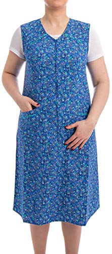 Tobeni Damen Kittelschürze lang mit Reissverschluss und Taschen ohne Arm 100% Baumwolle Farbe Design 40 Grösse 42