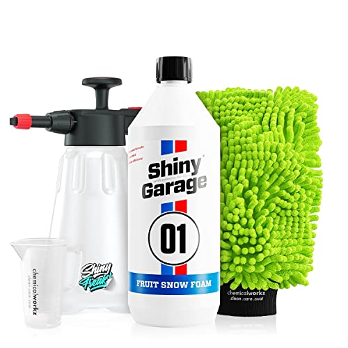 Shiny Garage Fruit Snow Foam Aktivschaum (1L) - Hochkonzentrierter Snow Foam inkl. Waschhandschuh & Schaumsprüher - Für eine schonende Autowäsche - Vorreiniger, Shampoo, pH-neutral, waschen | 5-teilig