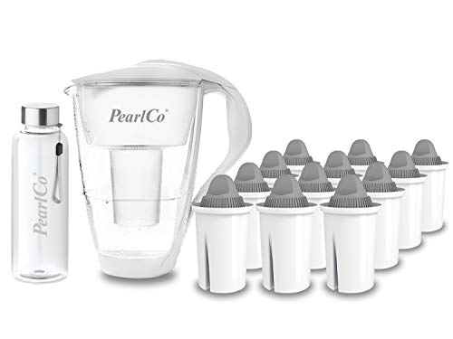 PearlCo - Glas-Wasserfilter (weiß) mit 12 Protect+ classic Filterkartuschen (f. hartes Wasser) + 1 Trinkflasche aus Glas