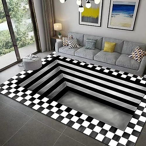 AMBATTERY 150x180cm Teppich Klein 3D-Illusionsteppich,Große Teppiche Für Wohnzimmerfantasie,Schwarz-Weiß Karierte Teppiche Für Schlafzimmer,Kindergebetsteppich,Saugfähige Matte,Plüschteppich