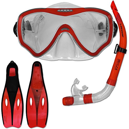TW24 Tauchset Dunlop mit Farb- und Größenauswahl - Schnorchel Set - Tauchermaske - Schnorchel - Schwimmflossen (Rot, 38-39)