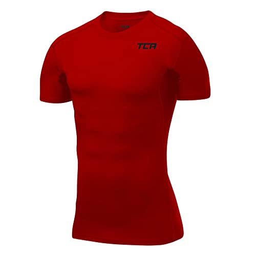 TCA Herren HyperFusion, schnelltrocknendes Sportshirt, kurzärmliges und elastisches Funktionsshirt mit Passform Kompression - Rot, L