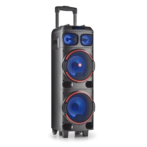 NGS Wild Dub 1 Tragbarer Lautsprecher mit 300 W, kompatibel mit Bluetooth und True Wireless Stereo, Doppel-Subwoofer 8 Zoll + Doppel-Hochtöner 3 Zoll (Micro SD/USB/AUX IN/), Trolley-Räder, Schwarz