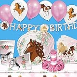 Pferde Deko Geburtstag und Party Set 55 Teile bis 8 Kids für Tischdeko u. Raumdeko mit Teller, Becher, Servietten, Tischdecke, Buchstabenkette, Latexballons u. Luftschlangen