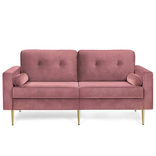 VASAGLE 3-Sitzer Sofa, Couch für Wohnzimmer, Bezug aus Samt, für Wohnungen, kleinen Raum, Holzgestell, Metallbeine, einfacher Aufbau, modernes Design, 183 x 78 x 88 cm, rosa LCS001P01