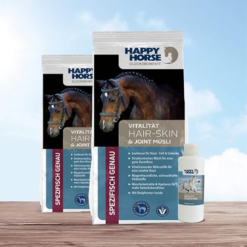 HAPPY HORSE Hair, Skin & Joint Müsli 2 x 14 kg + Beauty Shampoo - für gesunde Haut und Fell