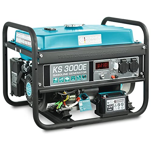 Könner & Söhnen KS 3000E Stromerzeuger, 7 PS 4-Takt Benzinmotor, Kupfer Alternator, E-Start, 3000 Watt, 16A, 230V Generator, für Kleinhaus, Garage oder Camping