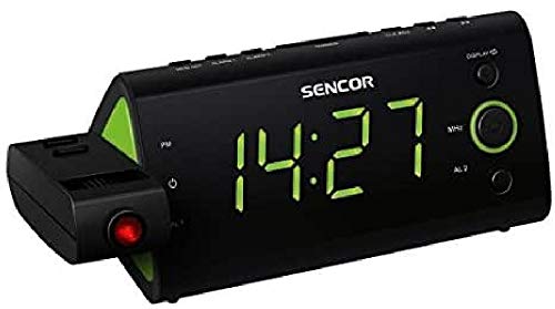 SENCOR SRC 330 GN Radiowecker mit Zeitprojektion, Thermometer und Kalender, Digitale Anzeige von Uhrzeit und eingestellter Frequenz, PLL FM-Radio mit 10 Senderspeichern, schwarz-grün