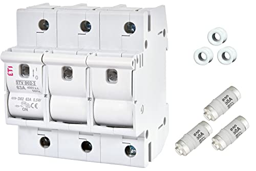 Neozed Sicherung Lasttrennschalter Set D02-3-polig Set mit Schmelzeinsätzen und Passhülsen (Lasttrenner Set 3x50 Ampère)