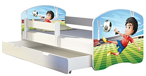 Kinderbett Jugendbett mit einer Schublade und Matratze Weiß ACMA II 140 160 180 40 Design (180x80 cm + Bettkasten, 13 Fußballer)