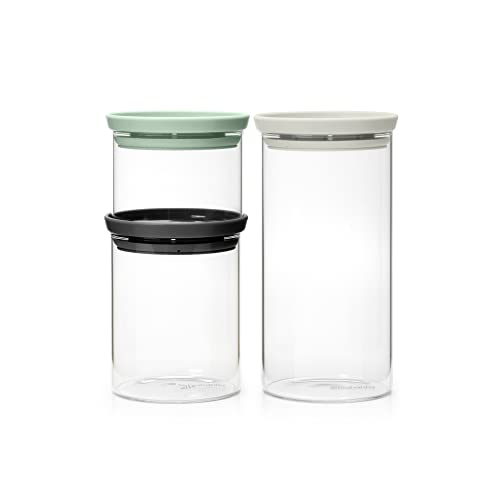 Brabantia - Stapelbarer Glasbehälter mit Deckel - 3er-Set - Lebensmittelaufbewahrung - Hält Länger Frisch - Silikondichtung - Spülmaschinenfest - Dark Grey/Light Grey/Jade Green - 0,3L/0,6L/1,1L