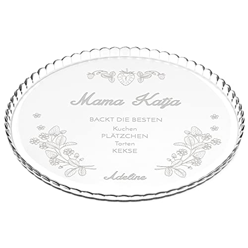 Maverton Kuchenplatte mit Gravur - personalisiert - Kuchenform aus Glas - Geschenkidee für Hobbybäckerin & Naschkatze - Geburtstagsgeschenk für Frauen - Blumen