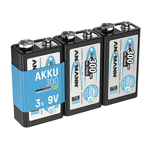 ANSMANN Akku 9V Block Typ 300mAh NiMH 3 Stück mit geringer Selbstentladung - Wiederaufladbare Batterien maxE mit hoher Kapazität - 9 Volt Batterie für Messgerät Multimeter Spielzeug Fernbedienung