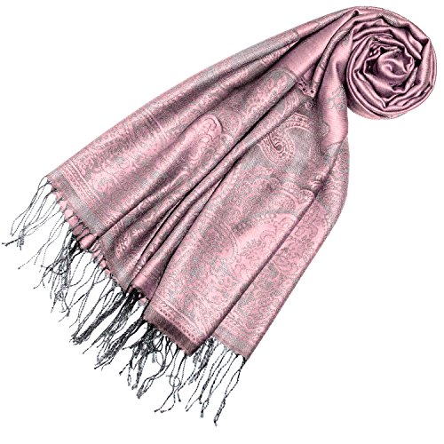 Lorenzo Cana Designer Pashmina hochwertiger Damen Markenschal jacquard gewebtes Paisley Muster 70 cm x 180 cm Modal rosa silber Schaltuch mit Fransen Frauenschal Tuch 93309