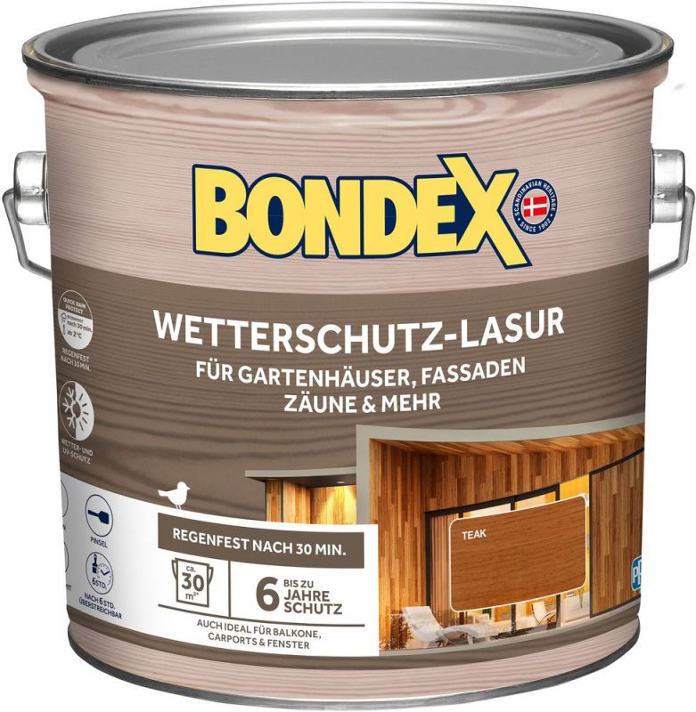 Bondex Wetterschutz Lasur Teak 2,5 L für 30 m² | Tropf- und Spritzgehemmt | Exzellenter UV-Schutz | Sichere Anwendung ab 2 °C | seidenmatt | Wetterschutzlasur | Holzlasur