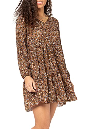 Sublevel Damen Kleid mit Blumen-Muster Langarm Herbst Frühling Brown L/XL