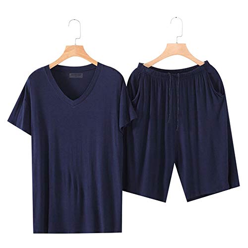 Wantschun Herren Modal Pyjama Set Kurzarm T-Shirt + Shorts Nachtwäsche Zweiteiliger Schlafanzug Dunkelblau;V-Ausschnitt ; L