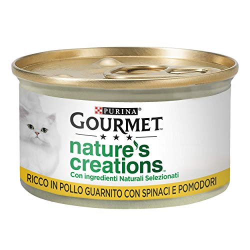 Purina Gourmet Nature's Creations Nassfutter für Katzen, reich an Huhn, garniert mit Spinat und Tomaten, 24 Dosen à 85 g