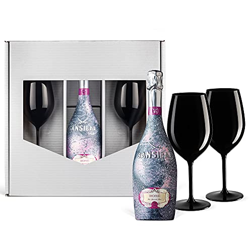 Sansibar Rosé Spumante Geschenk-Set | inkl. 2 Champagner-Gläser aus schwarzem Kristall | Luxus für die Dame von Welt |Geschenkkarte Ice Weihnachtsgeschenk Rose