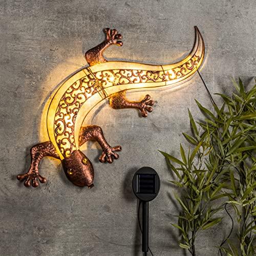 Haushalt International Außenlampe braun Wandleuchte Gecko Solarlampe Garten, LED Terrassenlampe statisch blickend Hauswand Lampe Akku, 10x LED warmweiß, LxBxH 69x36x3 cm