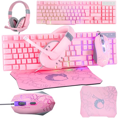 Pink Gaming Keyboard and Mouse Headset Headset Headphones and Mouse pad, Wired LED RGB Backlight Bundle Pink PC Accessories for Gamers and Xbox and PS4 PS5 Nintendo Switch Users - 4in1 Edition Hornet RX-250