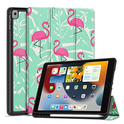 TNP iPad Hülle für iPad 9./8./7. Generation 10,2 Zoll 2021/2020/2019 Modell, Schutzhülle mit Stifthalter, dünner und weicher iPad Case aus TPU, iPad Cover mit Auto Schlaf/Wach Funktion, Flamingo