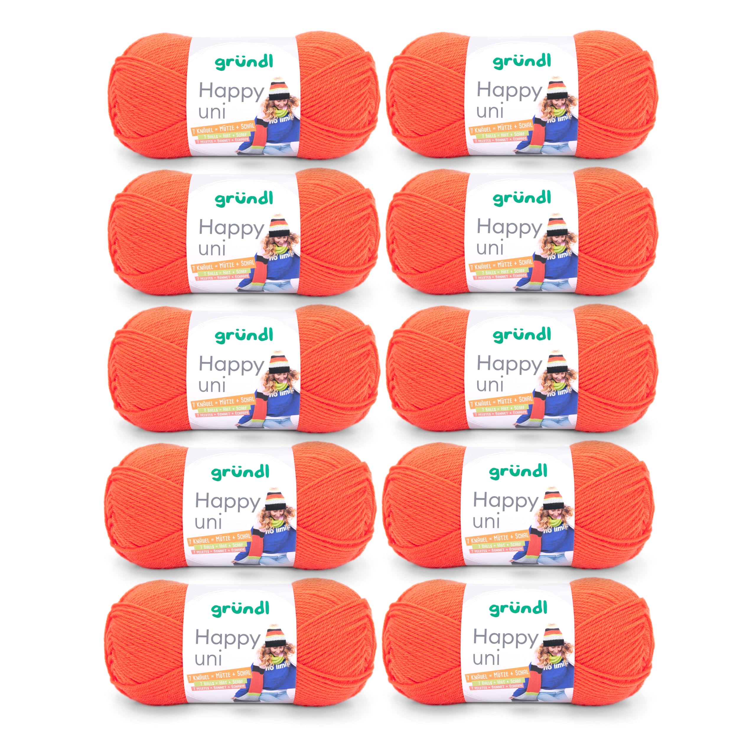 Gründl Happy uni (Strick- und Häkelgarn mit wollartigem Charakter aus 100% Polyacryl, Anti-Pilling, 100 g / 250 m, Nadelstärke: 4-5, 10 x 100 g), Orange