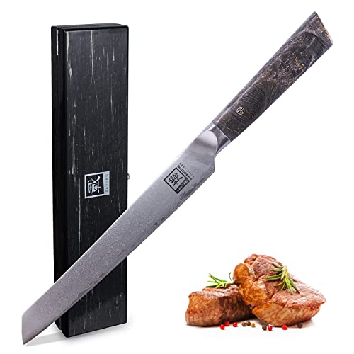 Zayiko Damastmesser - sehr hochwertiges Profi Messer mit Ahornholz Griff mit Damast Klinge, mit Holzbox, Damastmesser Fleischmesser/Schinkenmesser, Damastküchenmesser