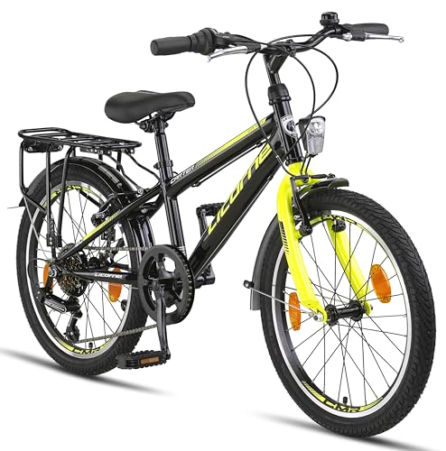 Licorne Bike Carter Premium Mountainbike in 20 Zoll Fahrrad für Kinder Mädchen Jungen 6 Gang Shimano Schaltung (Kinderfahrrad, Schwarz/Lime)
