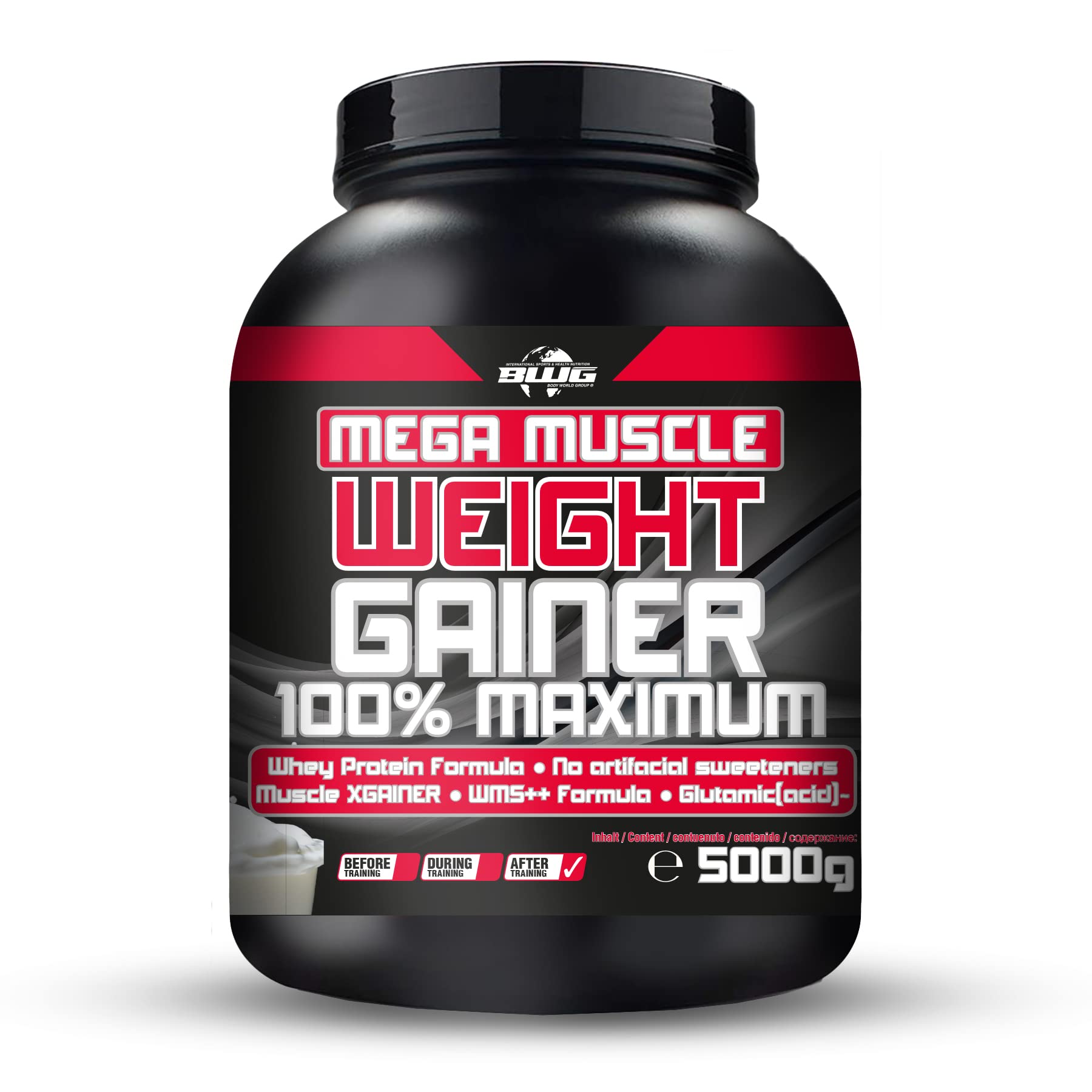 BWG Mega Muscle Weight Gainer 100% Maximum - perfekt für HardGainer und Massephasen – Kraftaufbau - Mega Cookies & Cream - Dose mit Dosierlöffel - (1x 5000g Dose)