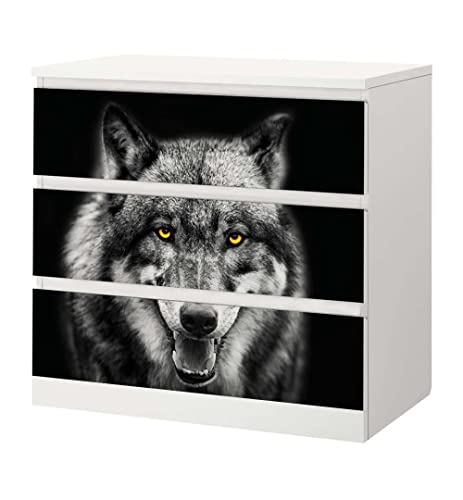 MyMaxxi - Klebefolie Möbel passend für IKEA Malm Kommode - Motiv Wolf Hunter Dog - Möbelfolie selbstklebend - Dekofolie Tattoo Aufkleber Folie für Wohnzimmer, malm_Groesse:3 Schubladen