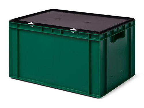 Transport-Stapelbox/Lagerbehälter grün, mit schwarzem Verschlußdeckel, 600x400x320 mm (LxBxH)