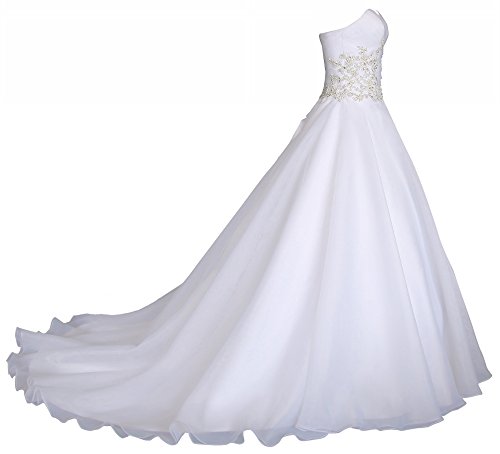 Romantic-Fashion Brautkleid Hochzeitskleid Weiß Modell W031 A-Linie Lang Satin Trägerlos Perlen Strass DE Größe 40