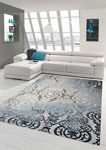Designer Teppich Moderner Teppich Wollteppich Meliert Wohnzimmer Teppich Wollteppich Ornament Türkis Grau Cream Größe 200 x 290 cm