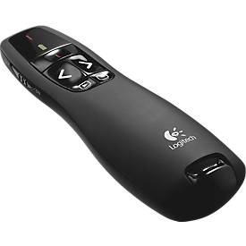 Logitech® Wireless Presenter R400, roter Laserpointer Klasse 2, Reichweite bis 15 m, USB-Empfänger, Kunststoff, schwarz, inkl. Batterien & Reiseetui