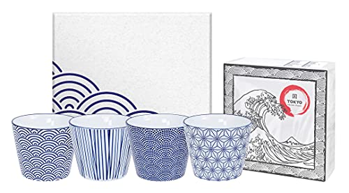 TOKYO design studio Nippon Blue Tee-Becher-Set blau-weiß, 4-TLG, 4X Tee-Tassen 180 ml, asiatisches Porzellan, Japanisches Design, inkl. Geschenk-Verpackung