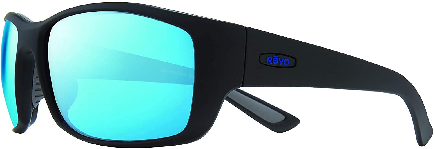 Revo Sonnenbrille Dexter: Polarisierte Kristallglaslinse für Herren mit großem, quadratischem Wrap-Rahmen, mattschwarzer Rahmen mit H20 Blue Lens