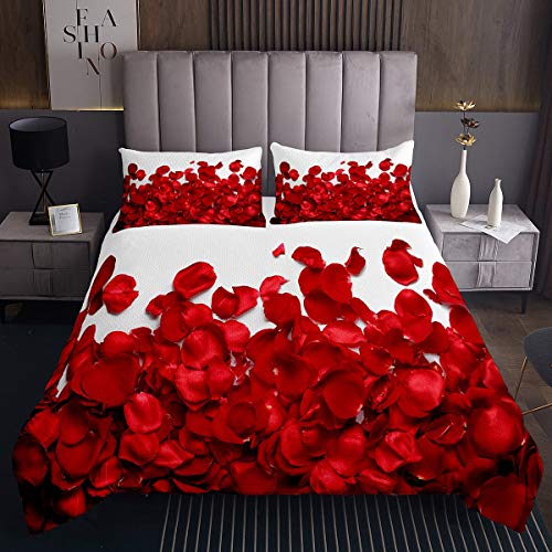 Rote Floral Coverlet Set 240×260 romantische Thema Paar Bettwäsche Tröster Set,für Erwachsene Frauen Mädchen Teens Rose Blumenmuster weiche Sanddecke Schlafzimmer Dekor Bettwäsche Set