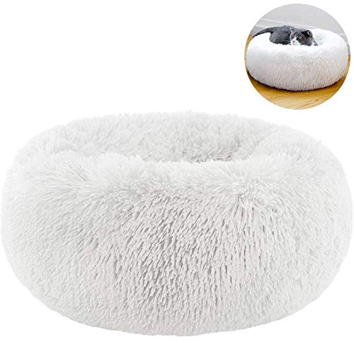 Haustierbett Plüsch Katzenbett rund weich Schlafmatte Bett Decke Kissen Bett waschbar Winter Warm Nest Höhle für Katze Kätzchen Welpen-L:70CM-Weiß