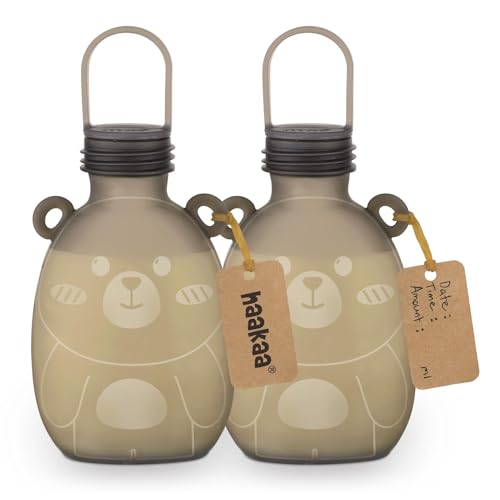 haakaa Happii Bear Aufbewahrungsbeutel aus Silikon für Muttermilch, kein Verschütten von Babynahrung, Muttermilch, Aufbewahrungsbehälter für Gefrierschrank und Kühlschrank, BPA-frei, 266 ml, 2 Stück