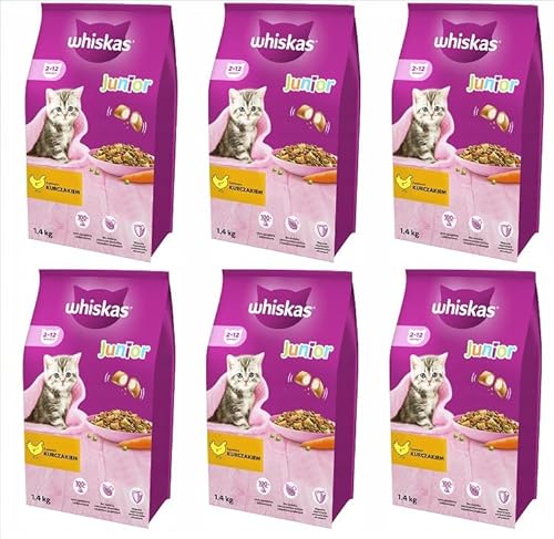 Whiskas Junior Trockenfutter Huhn, 6x1,4kg (6 Packungen) - Trockenfutter für heranwachsende Katzen - Extra kleine Kibbles für Kätzchen (2-12 Monate) - unterschiedliche Produktverpackungen erhältlich