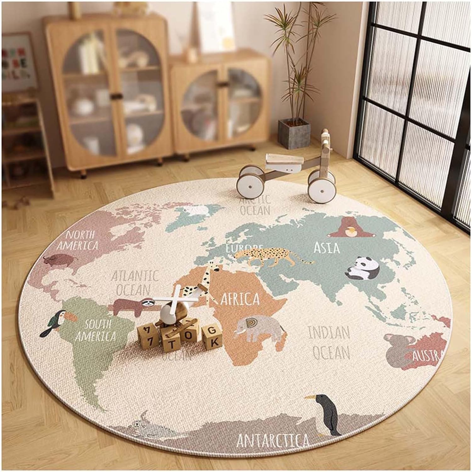 WOLWES Runder Teppich mit runder Weltkarte für Kinder, Baumwollboden(B,100cm/39in/3.2ft)